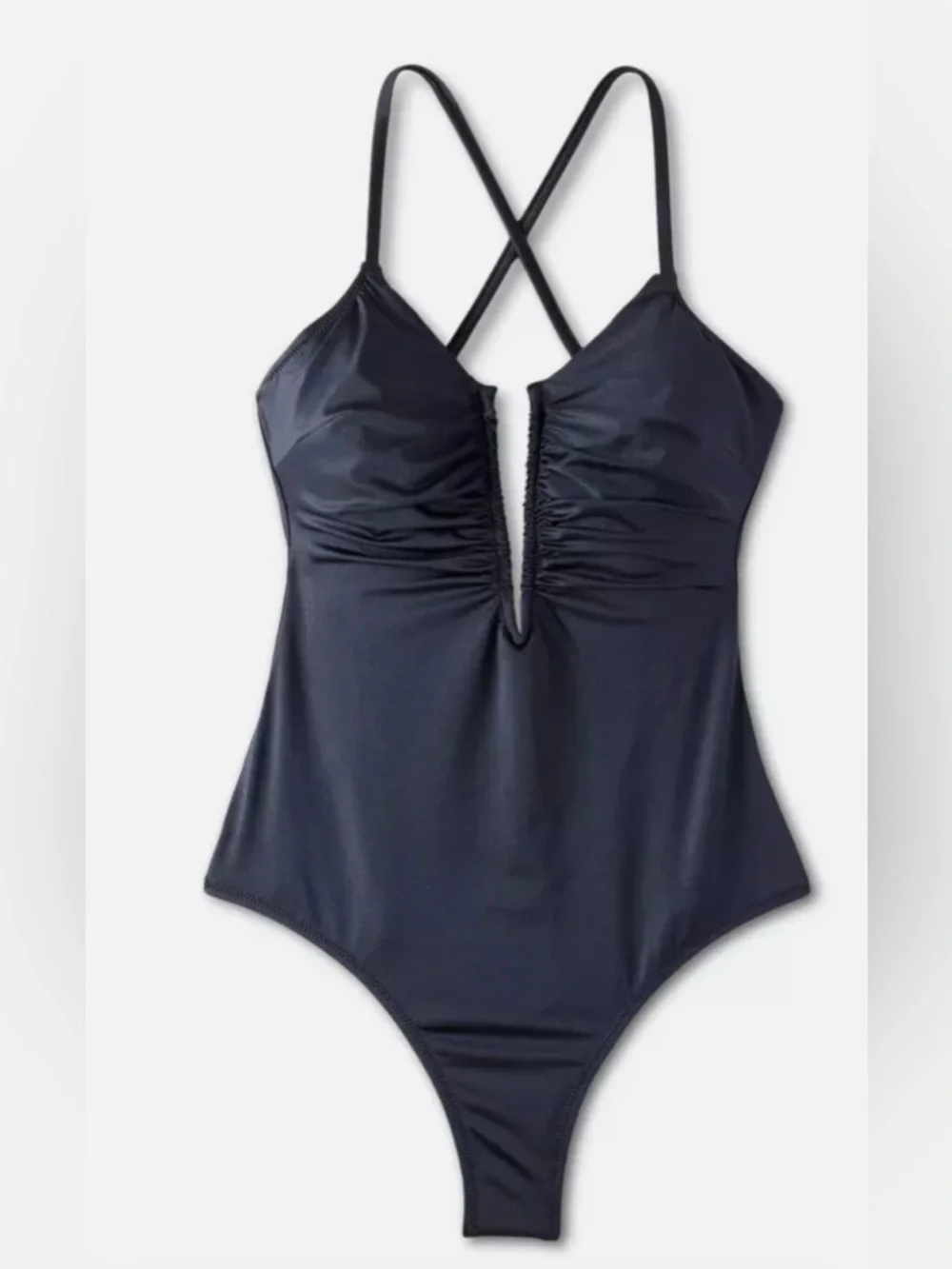 Shade & Shore Women’s Black Ruched Plunge One-Piece V Neck Swimsuit Size XL NWT - Picture 4 of 16